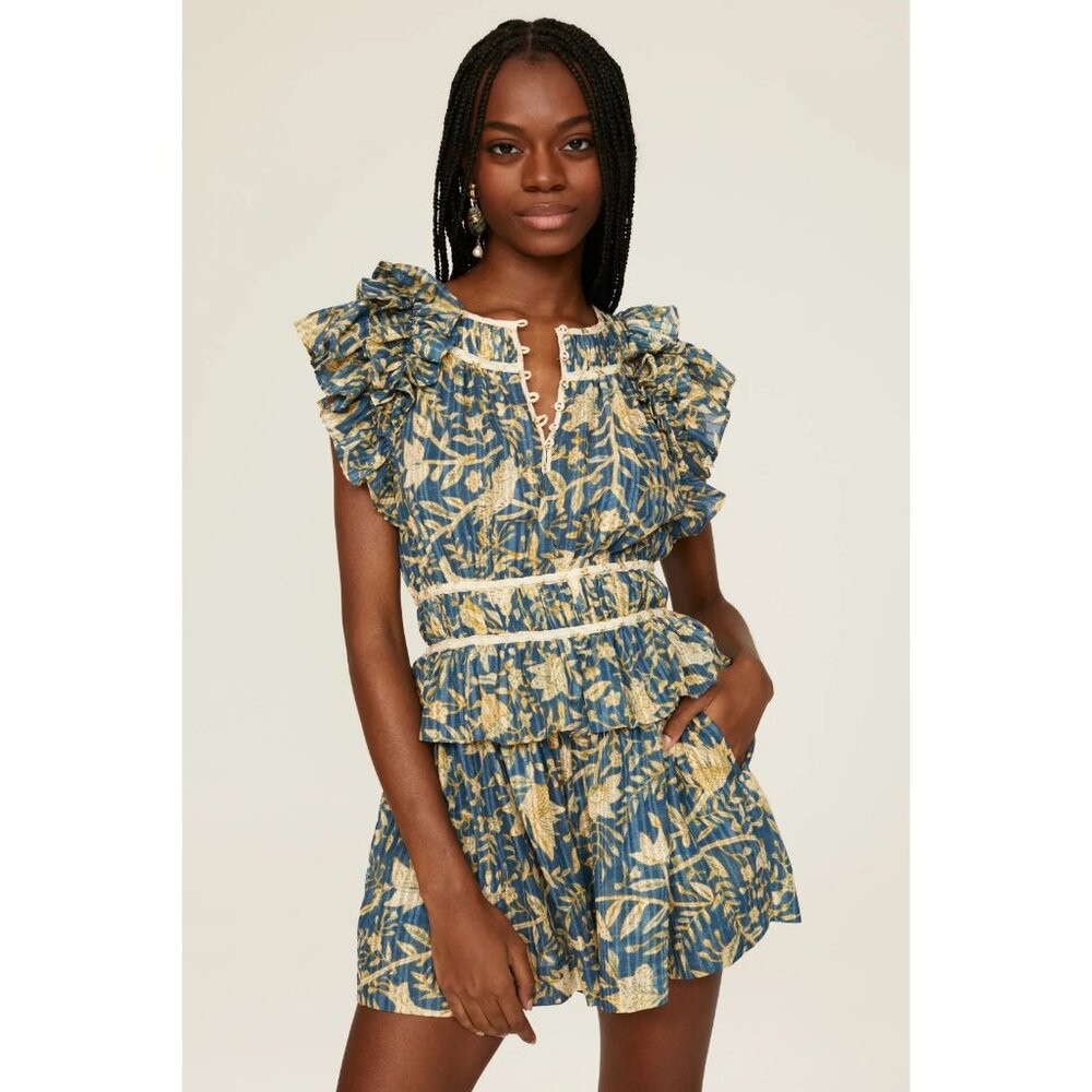 Ulla Johnson Blue and Yellow Ruffle Romper. 
Size 14.  Size tag was removed.